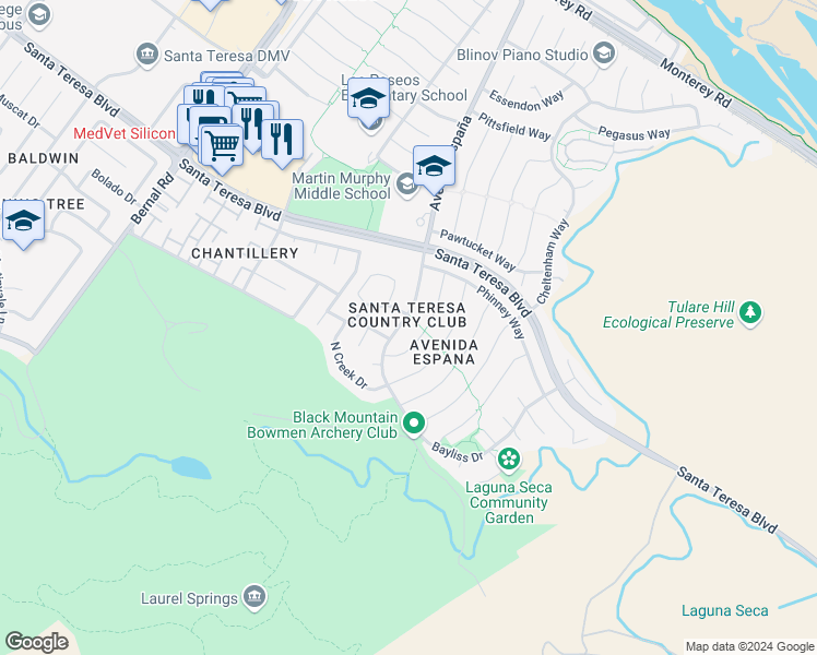 map of restaurants, bars, coffee shops, grocery stores, and more near 198 Avenida Espana in San Jose