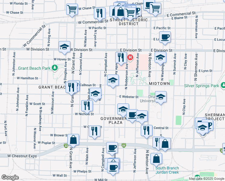 map of restaurants, bars, coffee shops, grocery stores, and more near 1215 North Boonville Avenue in Springfield