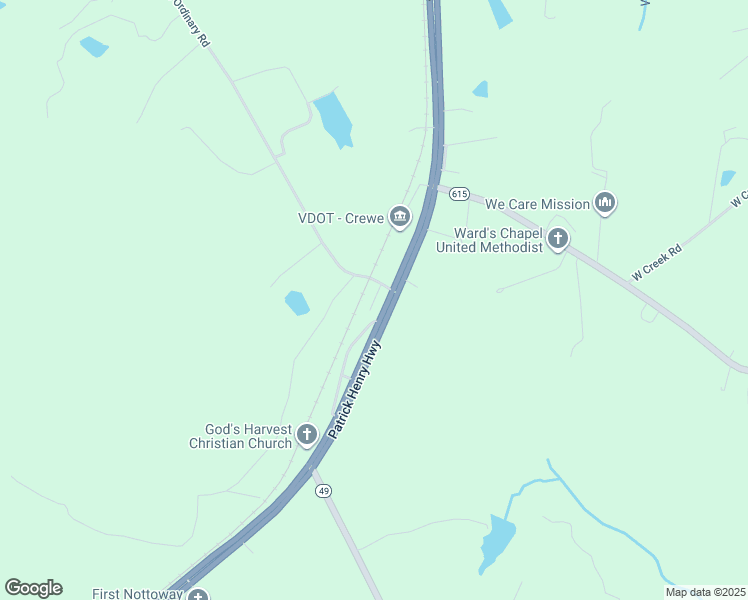 map of restaurants, bars, coffee shops, grocery stores, and more near 5413 Patrick Henry Highway in Crewe