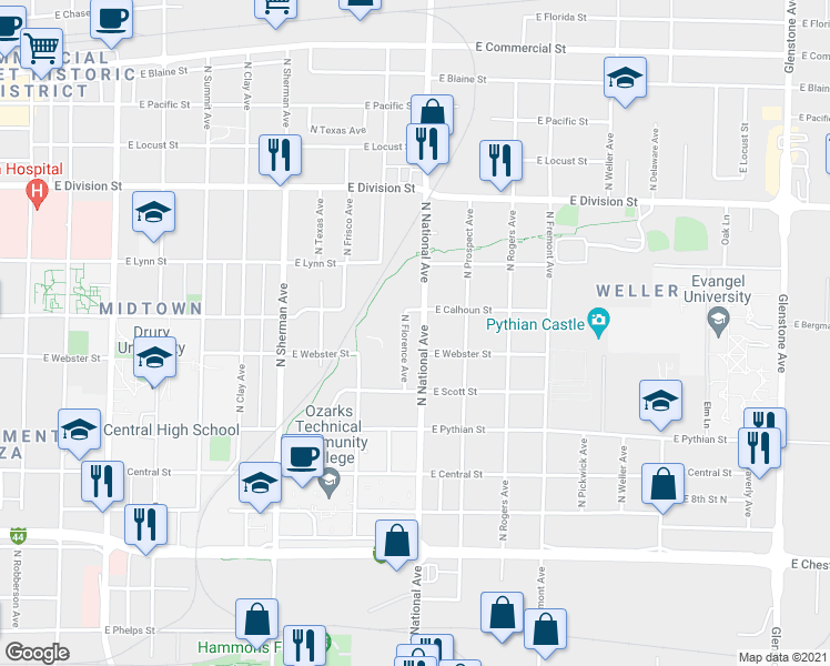 map of restaurants, bars, coffee shops, grocery stores, and more near 1243 North National Avenue in Springfield