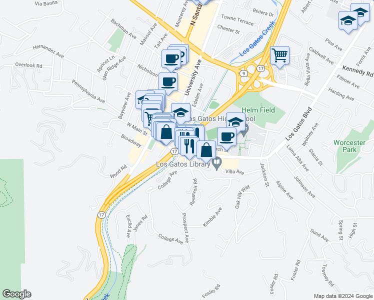 map of restaurants, bars, coffee shops, grocery stores, and more near 14 East Main Street in Los Gatos