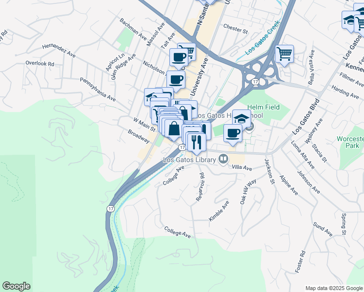 map of restaurants, bars, coffee shops, grocery stores, and more near 14 East Main Street in Los Gatos