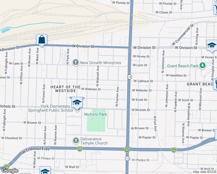 map of restaurants, bars, coffee shops, grocery stores, and more near 1736 West Webster Street in Springfield