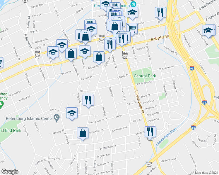 map of restaurants, bars, coffee shops, grocery stores, and more near 406 Byrne Street in Petersburg
