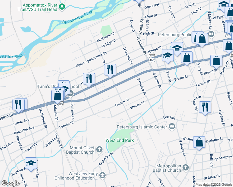 map of restaurants, bars, coffee shops, grocery stores, and more near 124 South West Street in Petersburg
