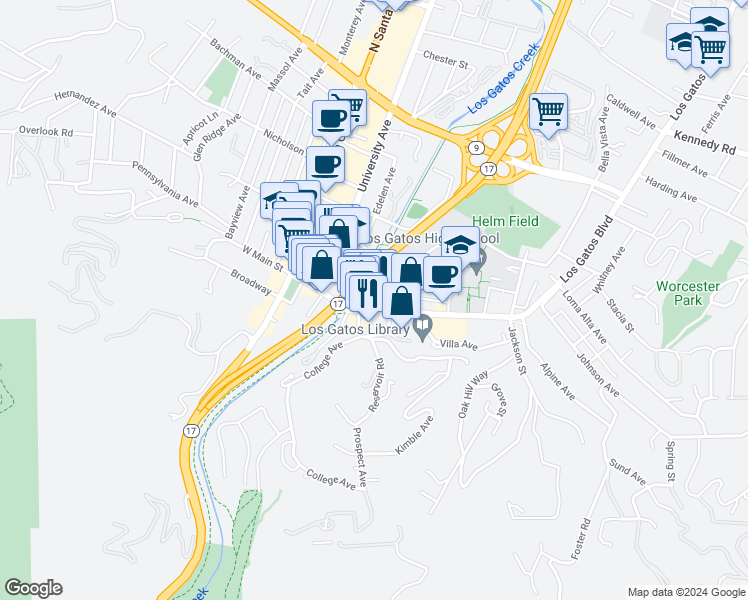 map of restaurants, bars, coffee shops, grocery stores, and more near 39 East Main Street in Los Gatos