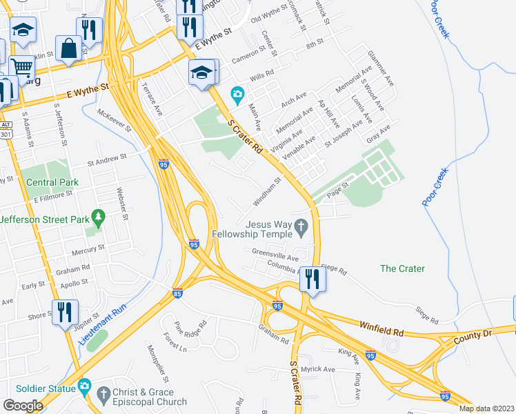 map of restaurants, bars, coffee shops, grocery stores, and more near 524 Windham Street in Petersburg