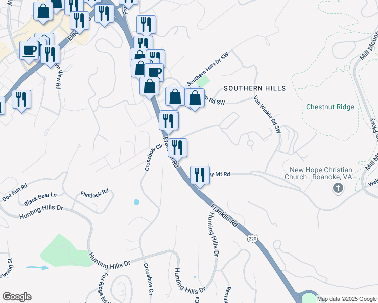 map of restaurants, bars, coffee shops, grocery stores, and more near 4350 Franklin Road Southwest in Roanoke