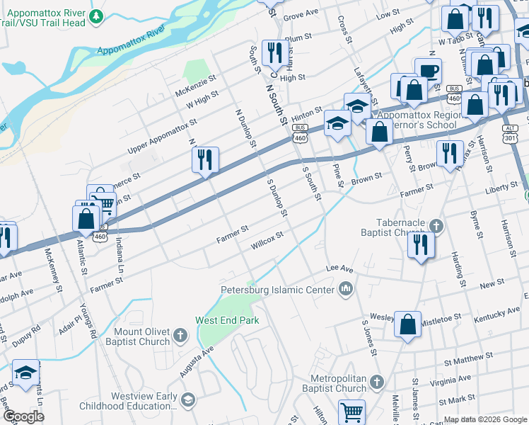 map of restaurants, bars, coffee shops, grocery stores, and more near 1014 Farmer Street in Petersburg