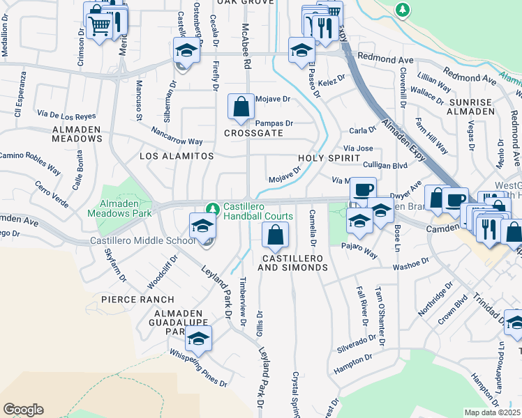map of restaurants, bars, coffee shops, grocery stores, and more near 6453 Cranbrook Court in San Jose
