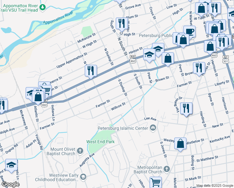 map of restaurants, bars, coffee shops, grocery stores, and more near 927 Farmer Street in Petersburg