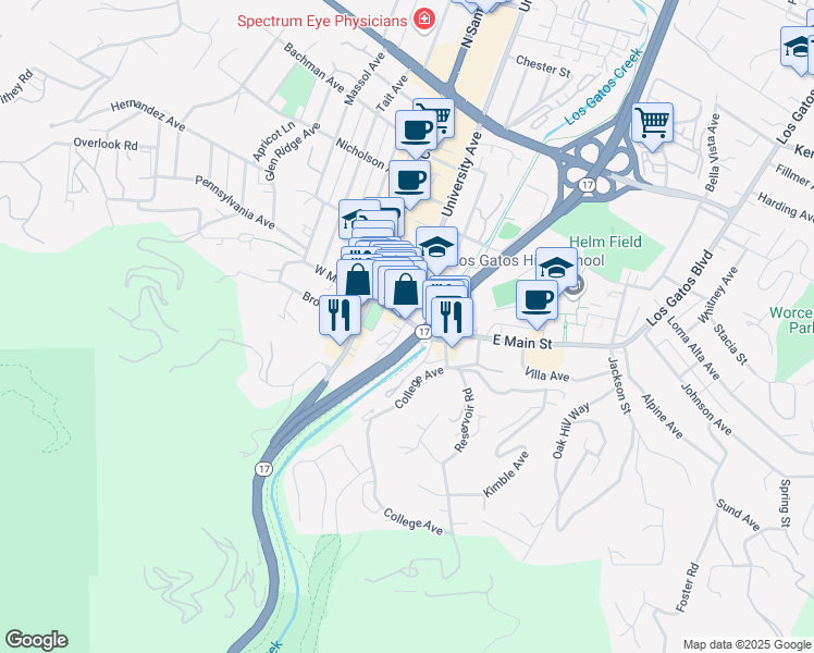 map of restaurants, bars, coffee shops, grocery stores, and more near 32 Park Avenue in Los Gatos