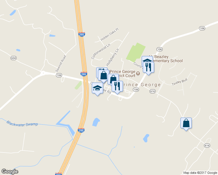 map of restaurants, bars, coffee shops, grocery stores, and more near 6536 Commons Court in Prince George