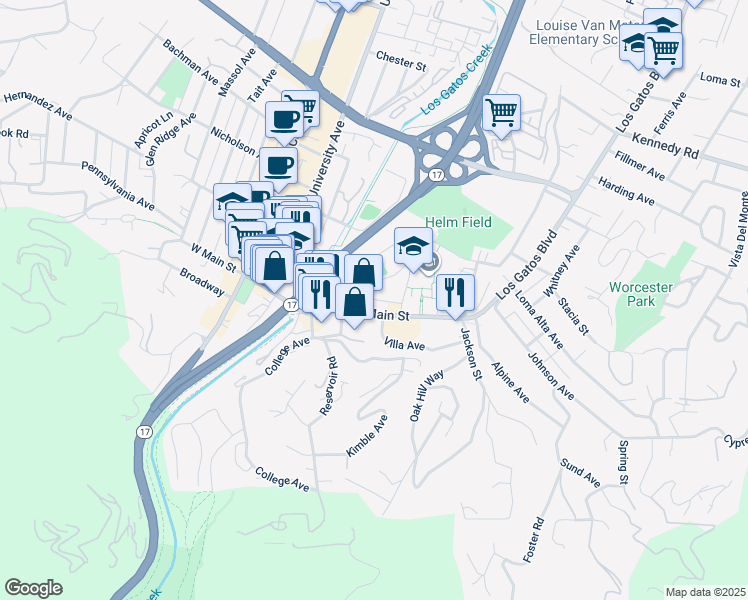 map of restaurants, bars, coffee shops, grocery stores, and more near Church Street in Los Gatos