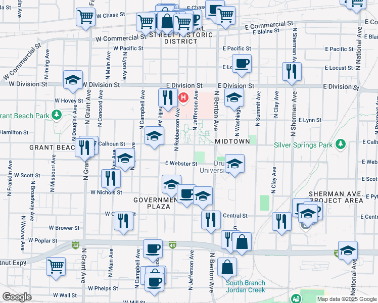 map of restaurants, bars, coffee shops, grocery stores, and more near 1205 North Jefferson Avenue in Springfield