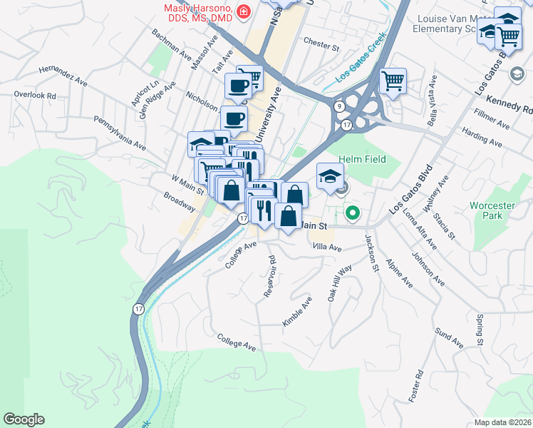 map of restaurants, bars, coffee shops, grocery stores, and more near 37 East Main Street in Los Gatos