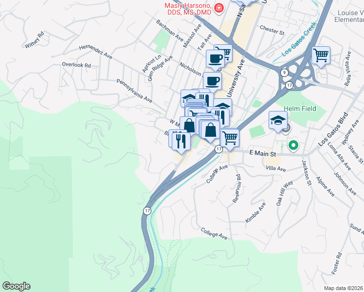 map of restaurants, bars, coffee shops, grocery stores, and more near 101 South Santa Cruz Avenue in Los Gatos