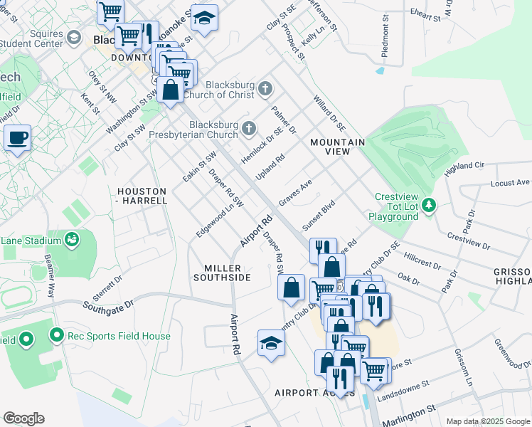 map of restaurants, bars, coffee shops, grocery stores, and more near 105 Airport Rd in Blacksburg