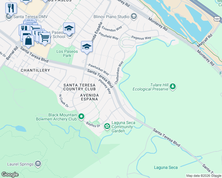 map of restaurants, bars, coffee shops, grocery stores, and more near 174 Cheltenham Place in San Jose