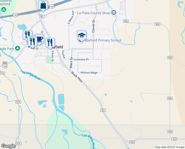 map of restaurants, bars, coffee shops, grocery stores, and more near 814 Hickory Ridge in Bayfield