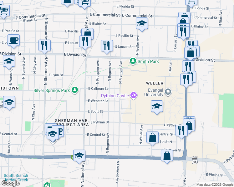 map of restaurants, bars, coffee shops, grocery stores, and more near 1302 North Rogers Avenue in Springfield
