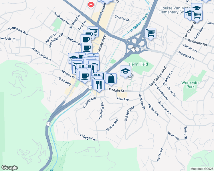 map of restaurants, bars, coffee shops, grocery stores, and more near 75 Church Street in Los Gatos