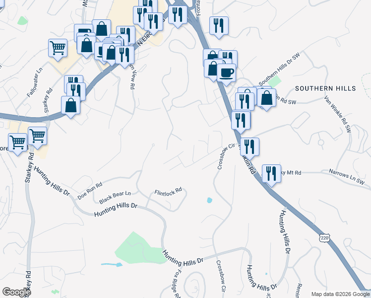 map of restaurants, bars, coffee shops, grocery stores, and more near 5421 Quail Ridge Circle in Cave Spring