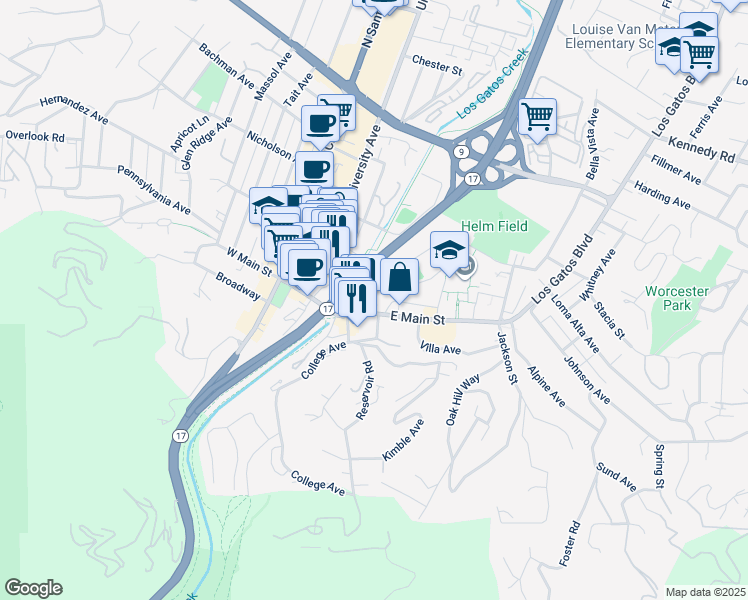 map of restaurants, bars, coffee shops, grocery stores, and more near 55 Church Street in Los Gatos