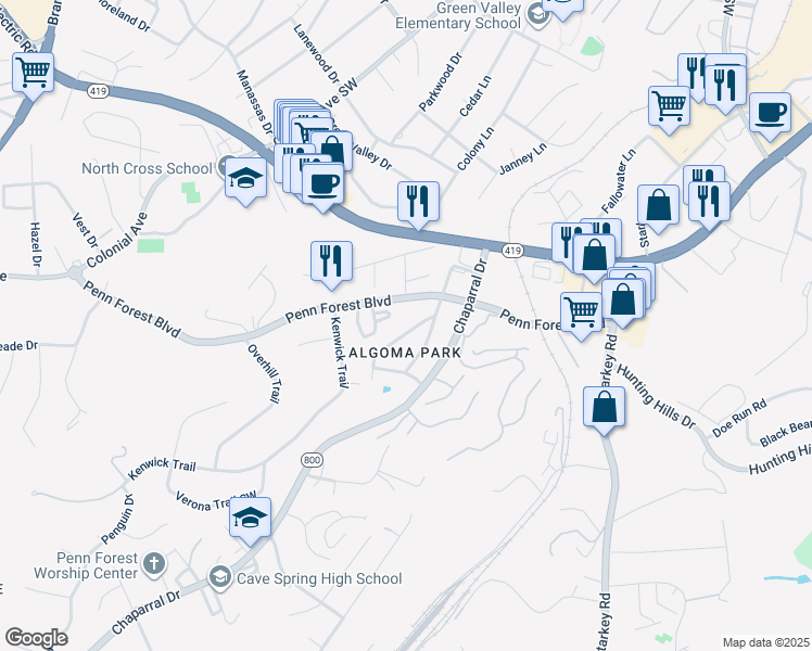 map of restaurants, bars, coffee shops, grocery stores, and more near 3333 Kingswood Drive in Cave Spring