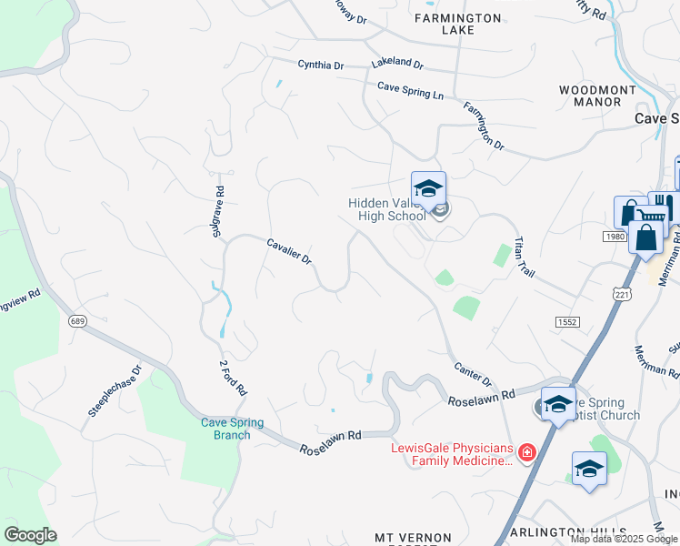map of restaurants, bars, coffee shops, grocery stores, and more near 5505 Cavalier Drive in Cave Spring