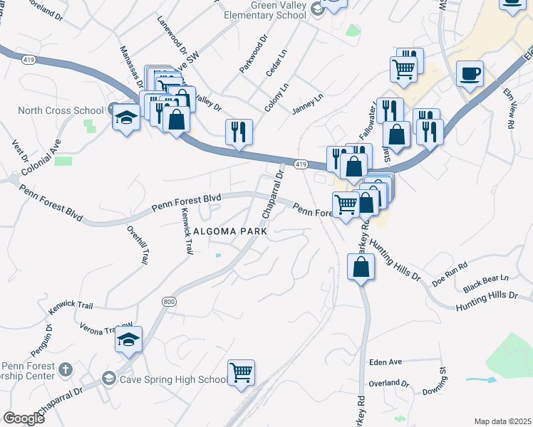map of restaurants, bars, coffee shops, grocery stores, and more near 3225 Chaparral Drive in Roanoke