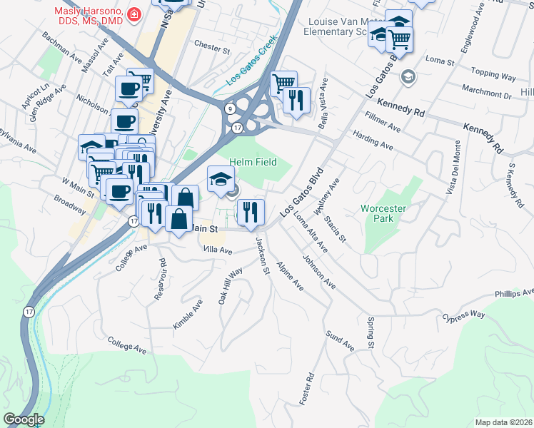map of restaurants, bars, coffee shops, grocery stores, and more near 24 Pleasant Street in Los Gatos