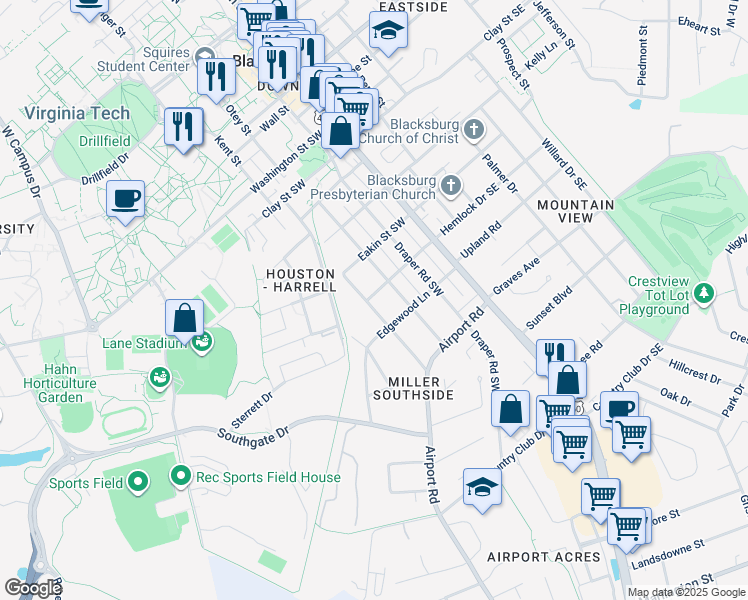 map of restaurants, bars, coffee shops, grocery stores, and more near 801 Gracelyn Court in Blacksburg