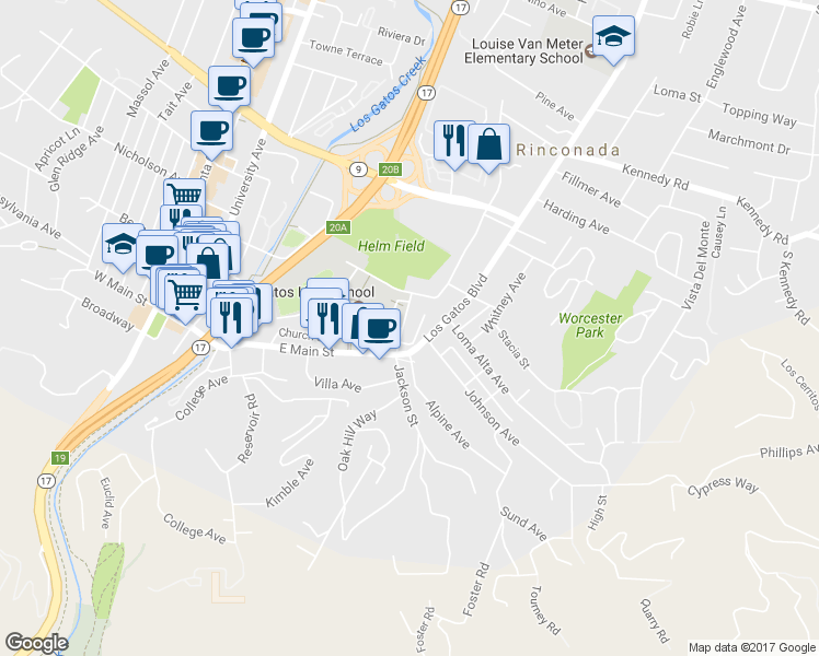 map of restaurants, bars, coffee shops, grocery stores, and more near 24 Pleasant Street in Los Gatos