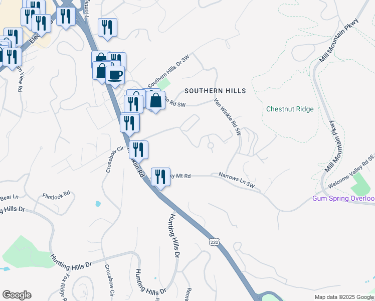 map of restaurants, bars, coffee shops, grocery stores, and more near 4435 Pheasant Ridge Road in Roanoke
