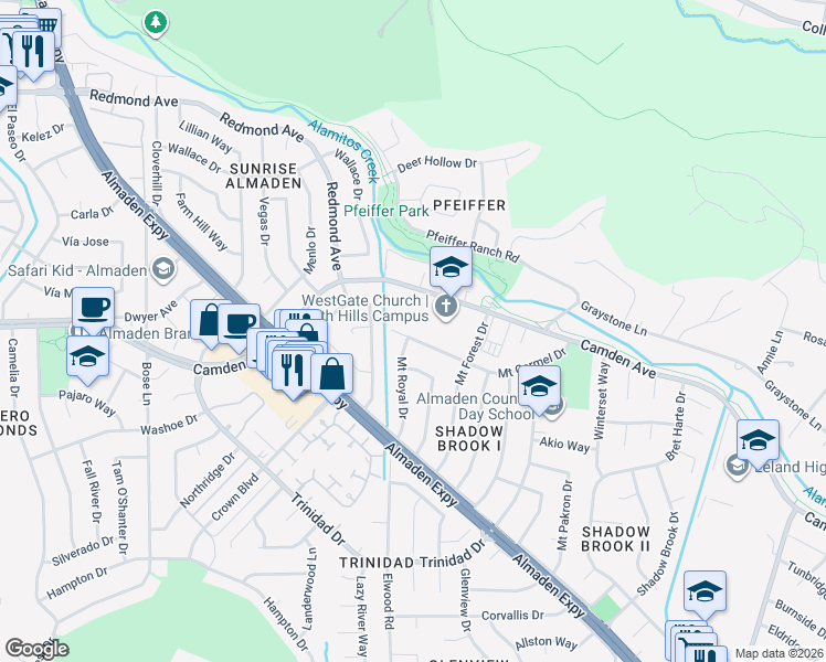 map of restaurants, bars, coffee shops, grocery stores, and more near 6581 Camden Avenue in San Jose
