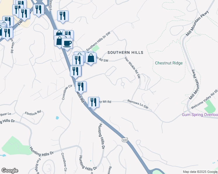 map of restaurants, bars, coffee shops, grocery stores, and more near 4423 Pheasant Ridge Road in Roanoke
