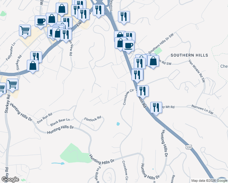 map of restaurants, bars, coffee shops, grocery stores, and more near 5260 Cross Bow Circle in Cave Spring