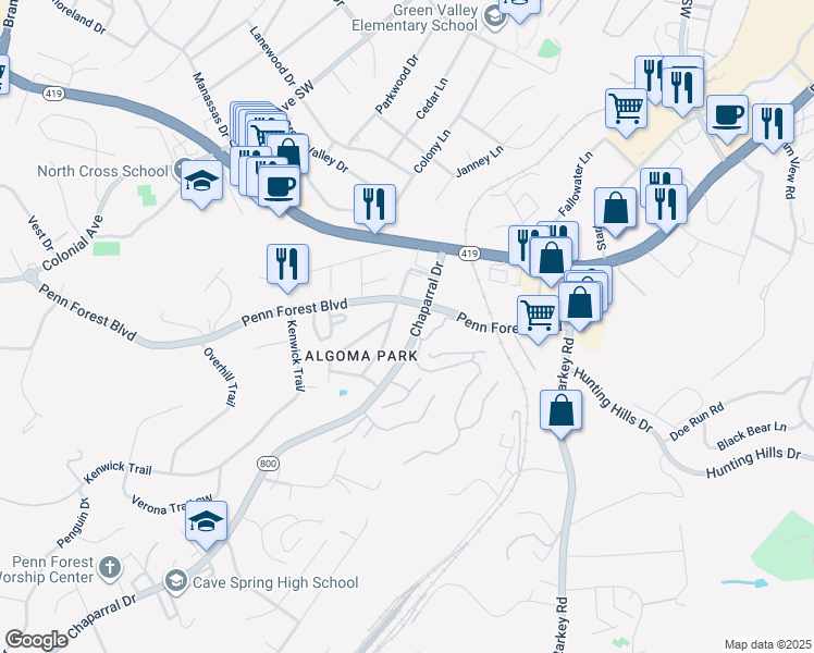 map of restaurants, bars, coffee shops, grocery stores, and more near 2920 Penn Forest Boulevard in Cave Spring