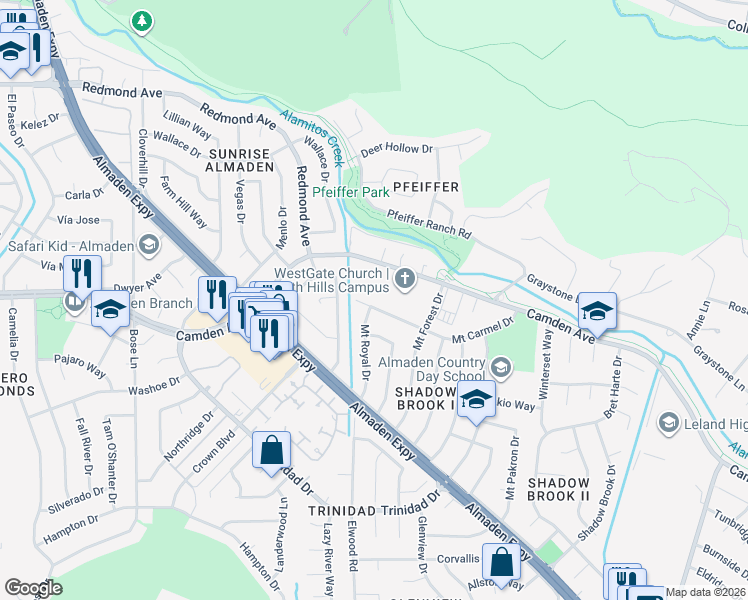 map of restaurants, bars, coffee shops, grocery stores, and more near 6581 Camden Avenue in San Jose