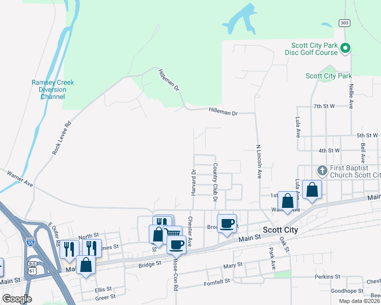 map of restaurants, bars, coffee shops, grocery stores, and more near 607 Harvard Drive in Scott City