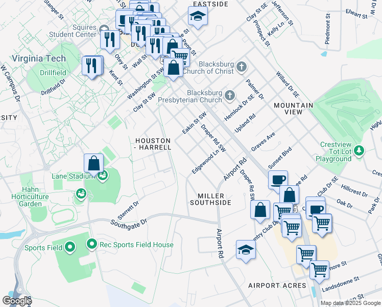 map of restaurants, bars, coffee shops, grocery stores, and more near 801 Gracelyn Court in Blacksburg