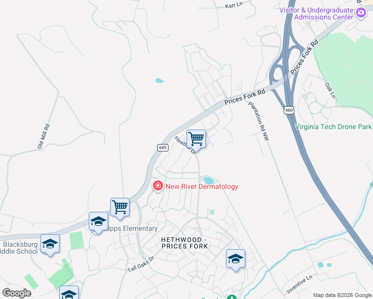 map of restaurants, bars, coffee shops, grocery stores, and more near 1010-1070 Heather Drive in Blacksburg