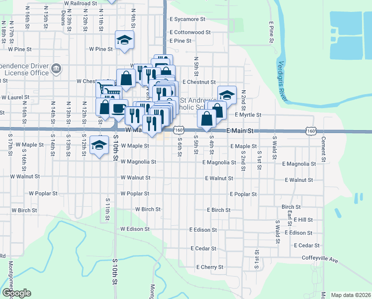 map of restaurants, bars, coffee shops, grocery stores, and more near 220 East Maple Street in Independence
