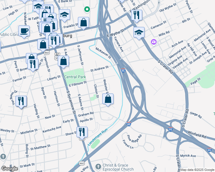 map of restaurants, bars, coffee shops, grocery stores, and more near 437 Webster Street in Petersburg