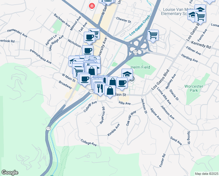map of restaurants, bars, coffee shops, grocery stores, and more near 75 Church Street in Los Gatos