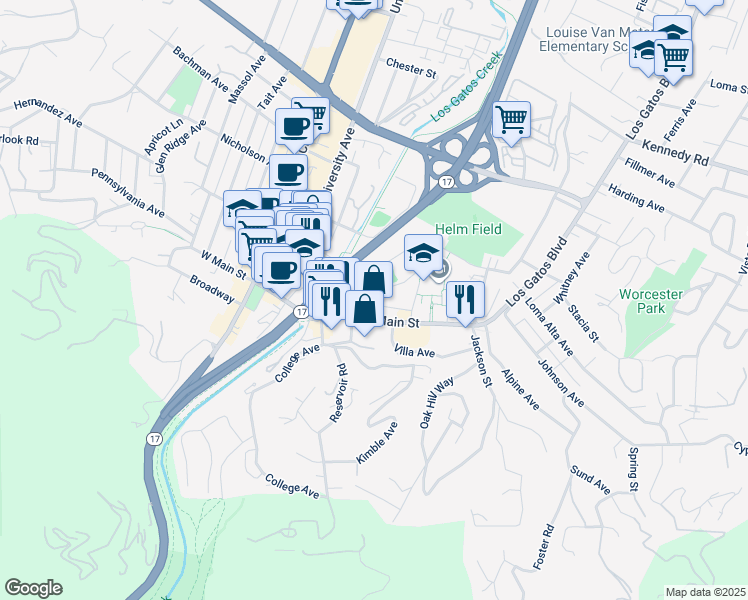 map of restaurants, bars, coffee shops, grocery stores, and more near 99 Church Street in Los Gatos