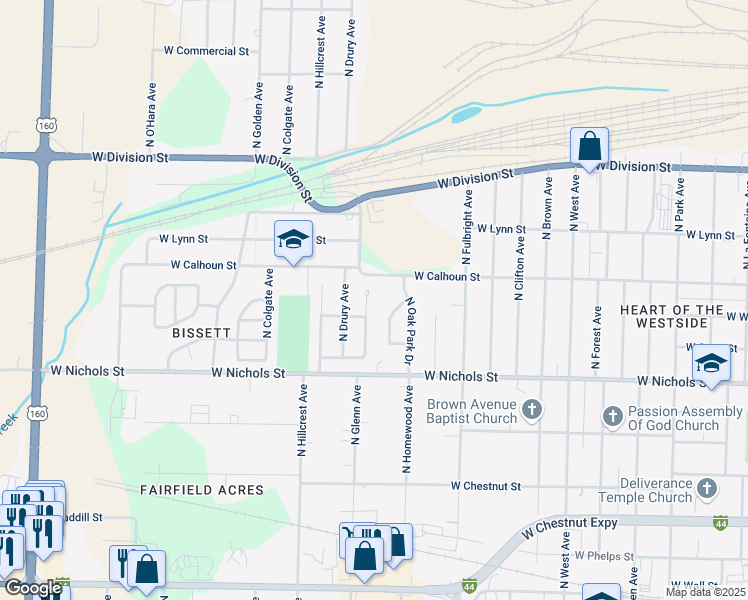 map of restaurants, bars, coffee shops, grocery stores, and more near 1235 North Glenn Avenue in Springfield