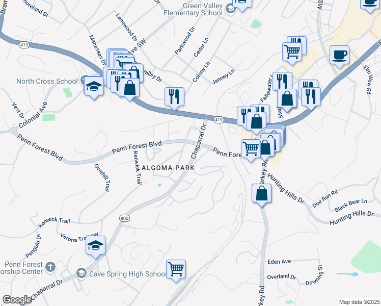 map of restaurants, bars, coffee shops, grocery stores, and more near 3215 Chaparral Drive in Cave Spring