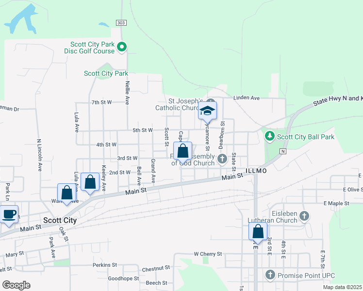 map of restaurants, bars, coffee shops, grocery stores, and more near 412 Cape Street in Scott City